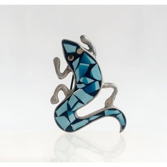 Mosaic Turquoise Lizard Mexican Made TR-19 Vintage Sterling Silver Brooch Pin - Picture 1 of 10